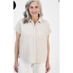 STYLE&CO WOMEN'S TEXTURED PETITE GAUZE COTTON SHIRT STONE WALL NWT SIZE PM